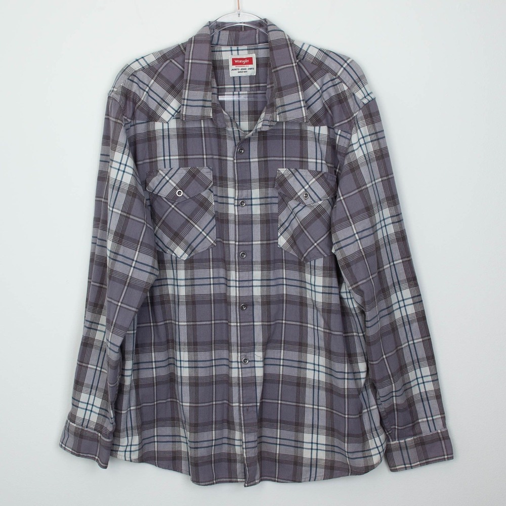 Wrangler Mens Western Button Down‎ Plaid Shirt Size 2XL Grey Long Sleeve